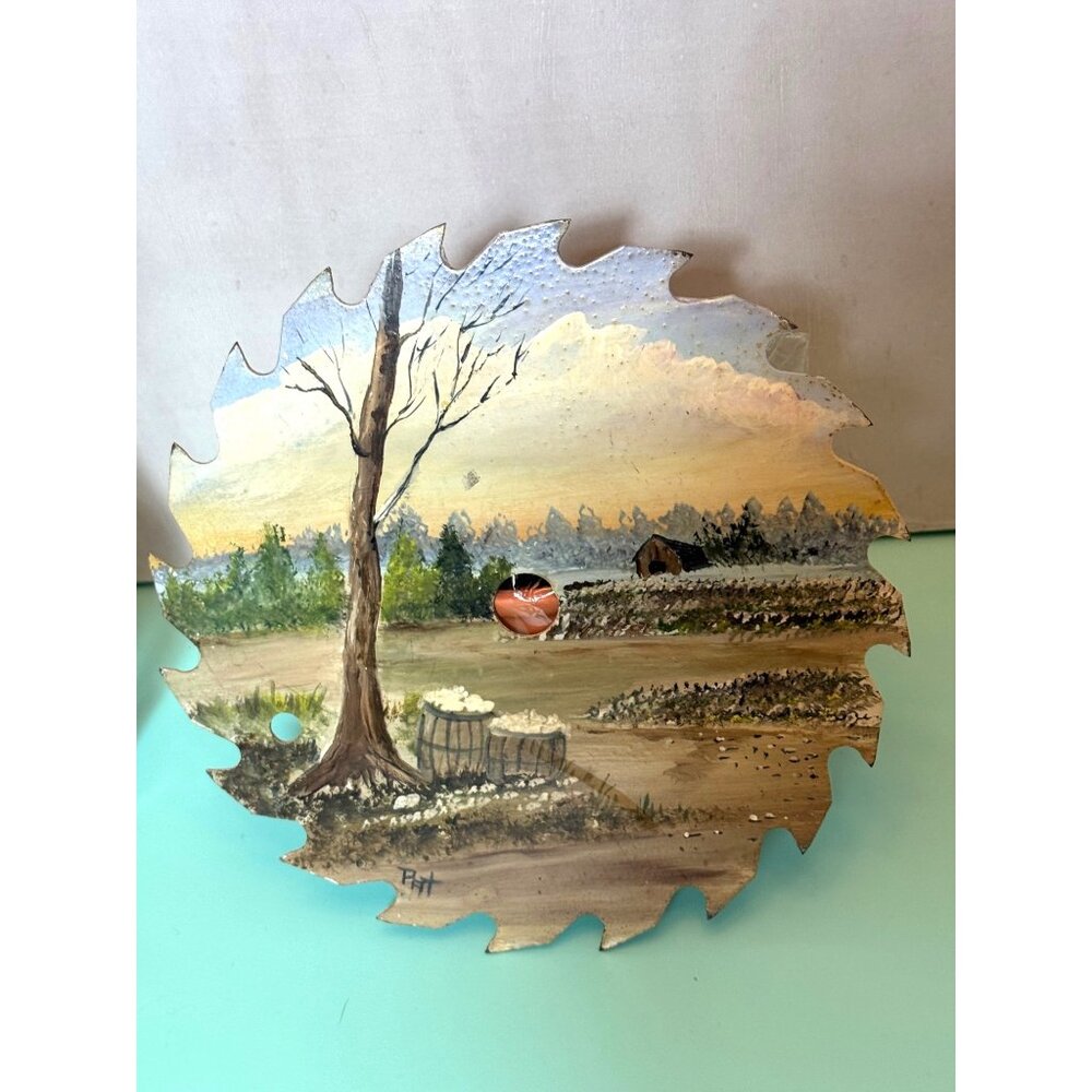 Hand-Painted Landscape Art On Vintage Saw Blade - Tree Barrels Rural Scene - Picture 11 of 12